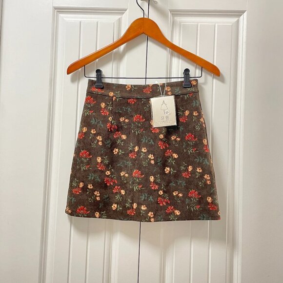 Vintage Dresses & Skirts - NWT Floral Corduroy A-Line Mini Skirt Brown - XS